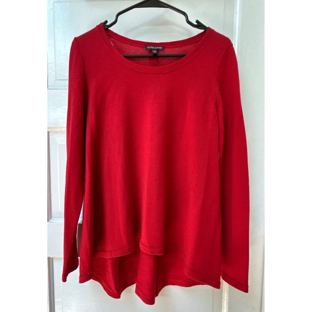 Eileen Fisher Petite Red Merino Wool High-Low Long Sleeve Sweater Petite Small